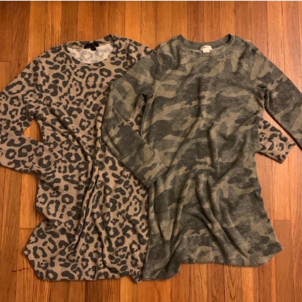 FOREVER 21 Set of 2 Pilled Fleece Tunic Top Long Sleeve Leopard Print Camo